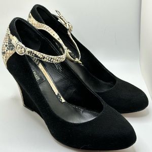 WHBM Black Suede Snake Print Wedges
